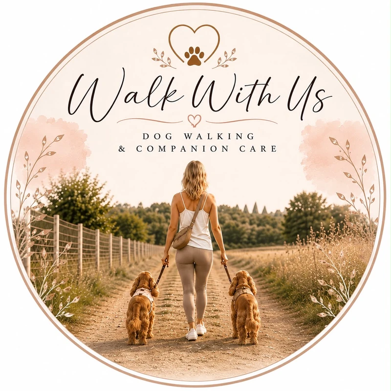The Walk With Us circular brand artwork, with a heart and paw emblem above a country walk